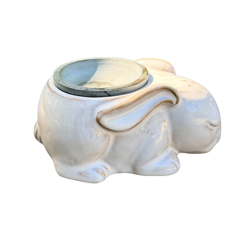 Vintage Ceramic Bunny Rabbit Votive Candle Holder Trinket Jar White Gold Small